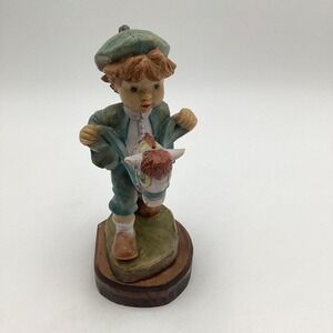 Vintage Ceramic Boy Figurine With Hobby Horse On Wooden Base 7 In